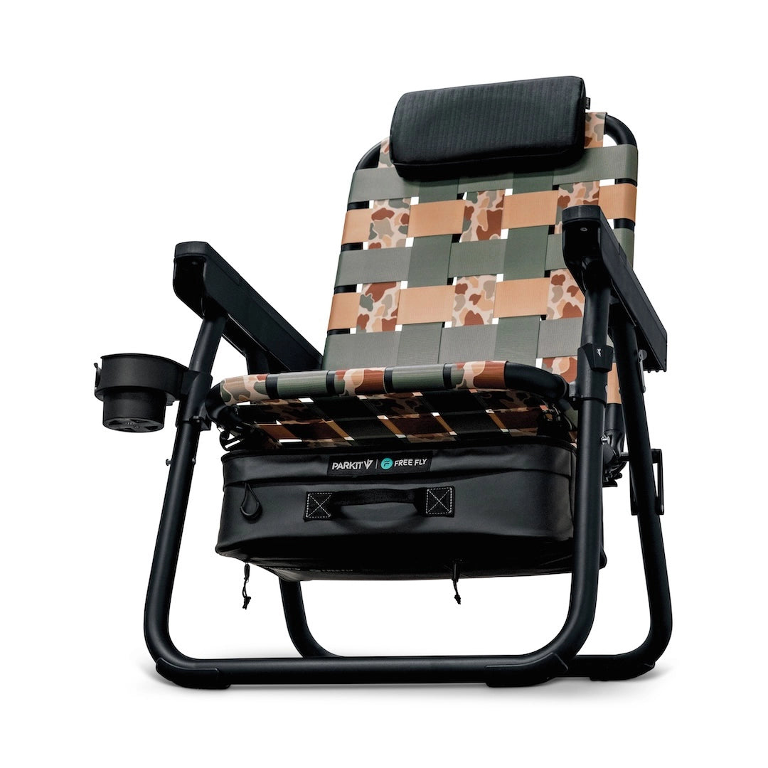 PARKIT × Free Fly Eclipse Recliner in Vintage Camo pattern, the best folding outdoor chair for dads, moms, campers, and beach lovers. This premium 3-in-1 recliner doubles as a backpack chair with a built-in cooler and cup holder, crafted from aerospace-grade aluminum for comfort, durability, and everyday adventure at the beach, campsite, or backyard.