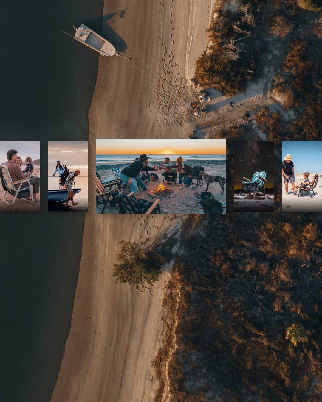 Aerial view of a sandy coastal shoreline with a small boat anchored near the beach, transitioning into scenes of friends gathered around a bonfire at sunset, a family relaxing in PARKIT outdoor chairs, and adventurers carrying gear from a skiff, showcasing the PARKIT Voyager and Eclipse chairs built for outdoor comfort, adventure, and timeless design inspired by life outside in mobile format.