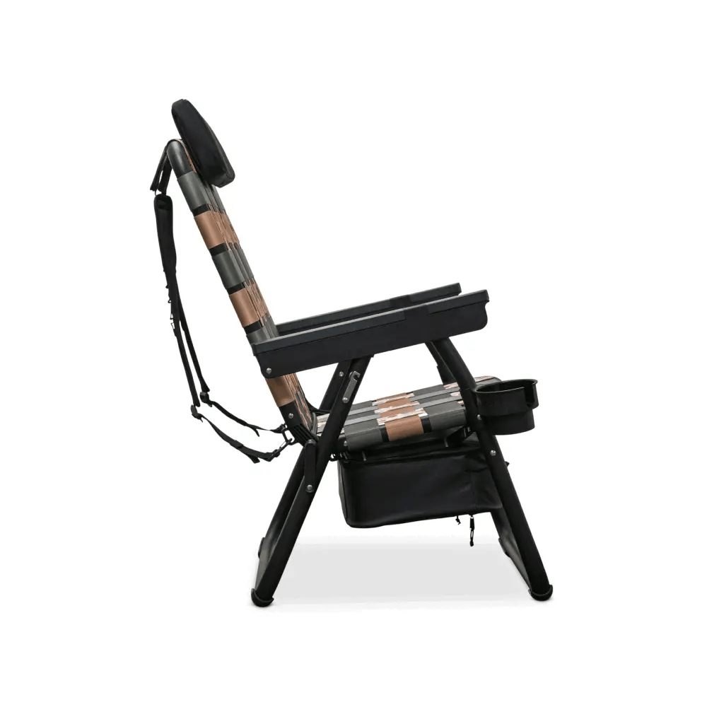 Side view of the PARKIT × Free Fly Eclipse Recliner in Vintage Camo pattern a folding beach and camping chair engineered with a 3-in-1 design featuring backpack carry straps, built-in cooler, and cup holder. Crafted from aerospace-grade aluminum for rugged performance, comfort, and durability, it’s the ultimate outdoor chair for anglers, campers, and adventure seekers.