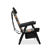 Side view of the PARKIT × Free Fly Eclipse Recliner in Vintage Camo pattern a folding beach and camping chair engineered with a 3-in-1 design featuring backpack carry straps, built-in cooler, and cup holder. Crafted from aerospace-grade aluminum for rugged performance, comfort, and durability, it’s the ultimate outdoor chair for anglers, campers, and adventure seekers.