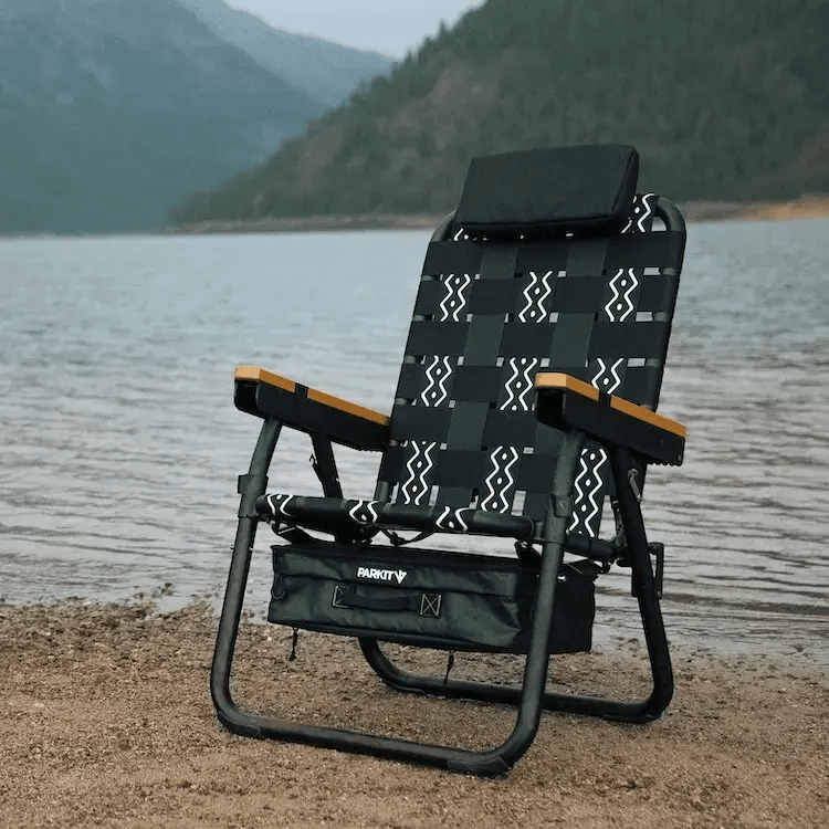 Animated GIF showcasing PARKIT’s signature Voyager and Eclipse chair collection in classic patterns including Slate, Glacier, Classic Blue, Midnight, Saguaro, Olas, and Calico, premium 3-in-1 outdoor chairs featuring built-in coolers, durable woven webbing, and adventure-ready design for life outside.