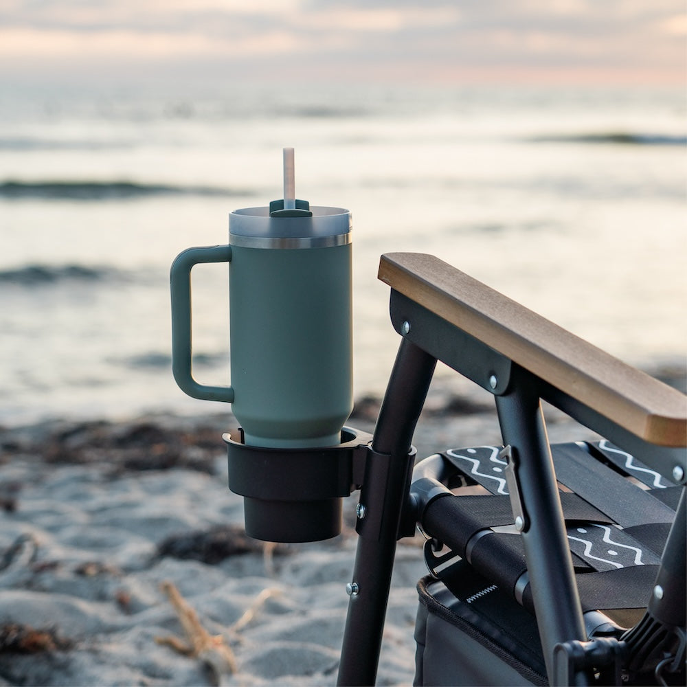 a insulated cup in a beach chair cup holder
