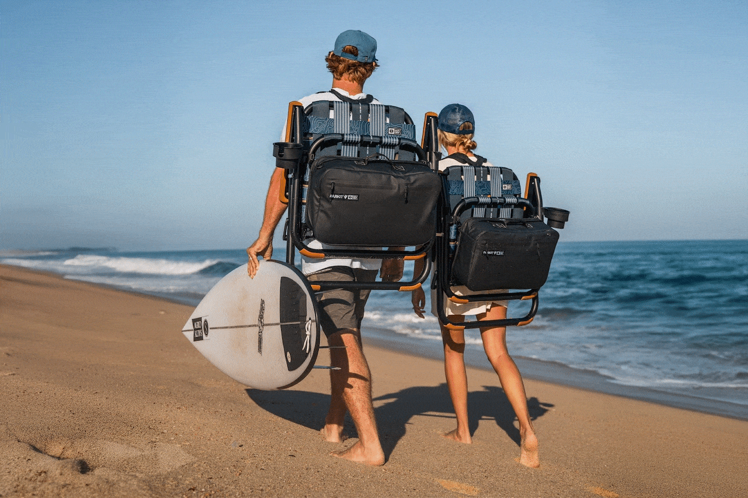 A gif rotation showing three images which include a couple walking down the beach and man fishing and an overhead shot looking down at the parkit and a salty crew collaboration voyager chair which is the perfect chair for summer