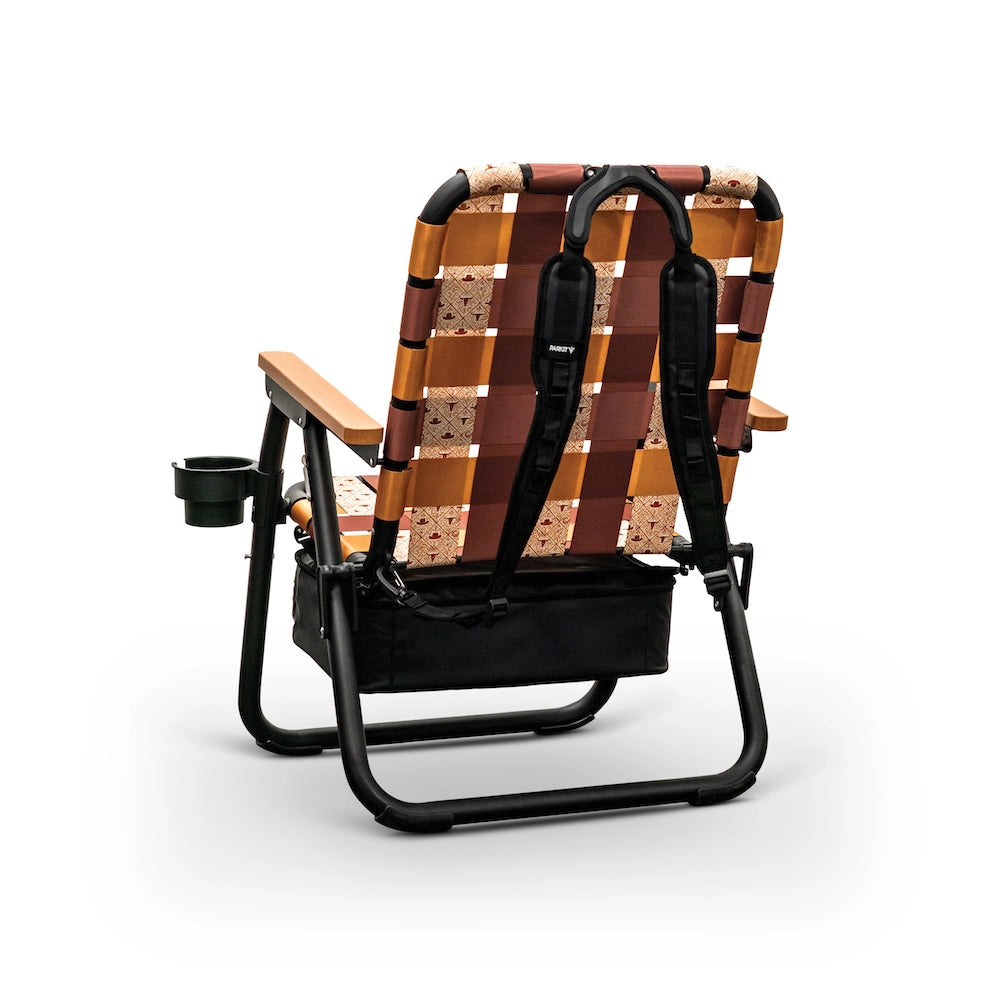 Foldable PARKIT ranch chair with plaid pattern and cup holder on a white background