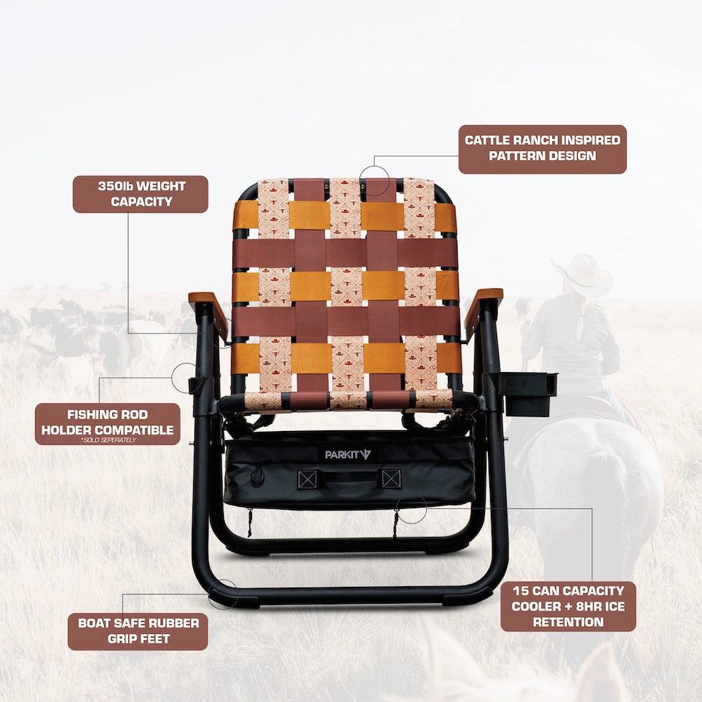 PARKIT folding chair with cowboy-inspired patterned seat and text highlighting features on a white background