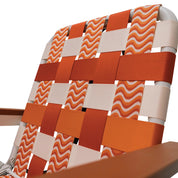 Close-up of a chair with orange and beige woven pattern on a white background