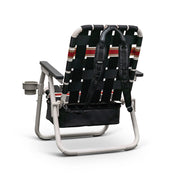 Foldable beach chair with striped backrest and cup holder on a white background