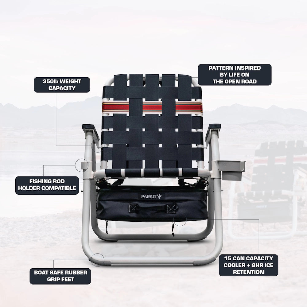 Folding chair with features highlighted on a white background