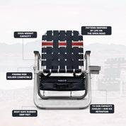 Folding chair with features highlighted on a white background