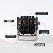 Backpack with labeled features on a white background