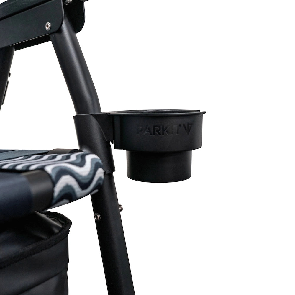 Black cup holder attached to a chair with 'PARKIT' branding on a white background